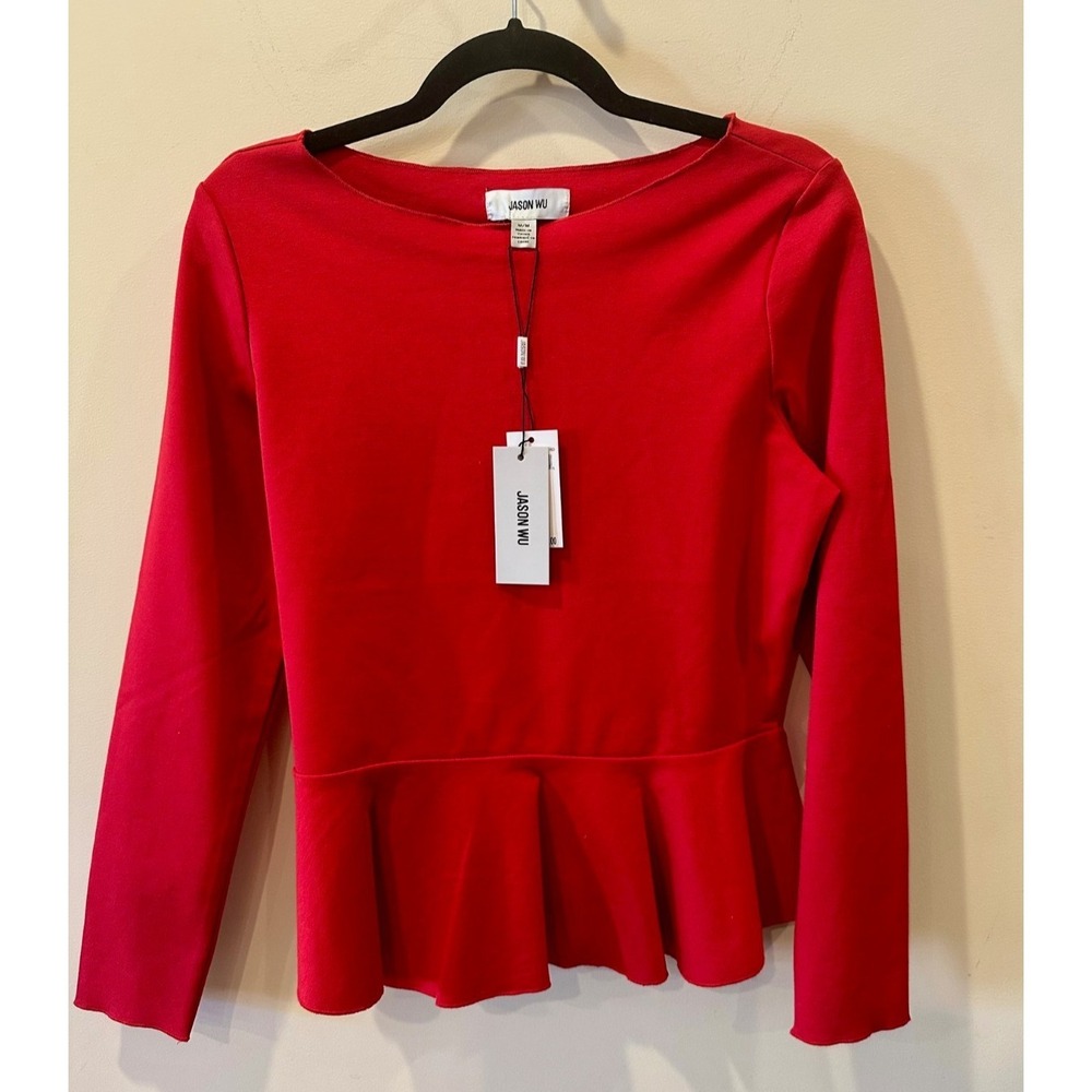 Jason Wu Top Sz Medium Red Top Blouse Bottom Ruffle Peplum Hem MSRP‎ $78 Lux